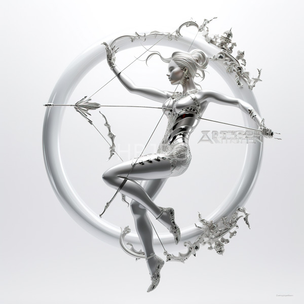 High Resolution: Ethereal silver-skinned female archer with flowing white hair and intricate armor-like clothing holding a complex bow adorned in ornate patterns mid-air download. | HRJPG.com