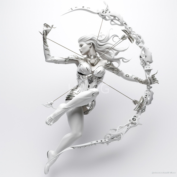 High Resolution: Ethereal silver-skinned female archer with flowing hair and intricate armor-like clothing holds two bows within ornate circular frames against a white background download. | HRJPG.com