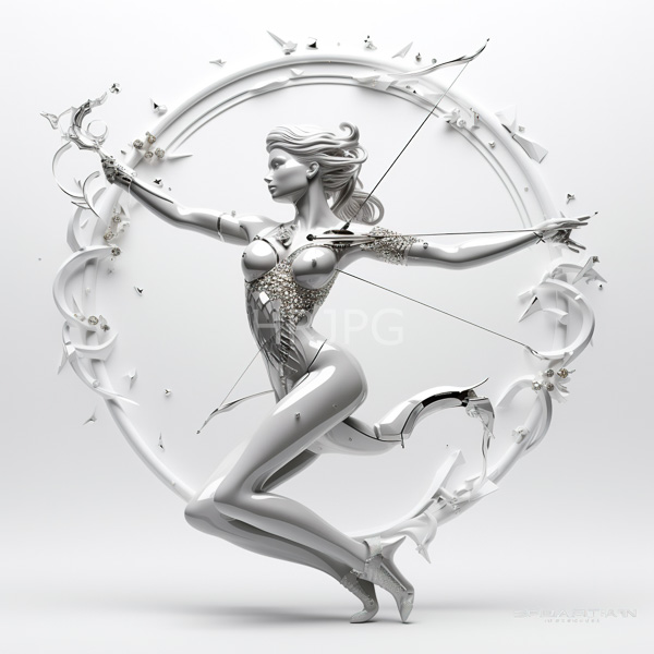High Resolution: Ethereal silver-skinned female archer with flowing white hair and intricate armor patterns mid-leap while drawing back a detailed bowstring aimed at small heart-shaped projectiles download. | HRJPG.com