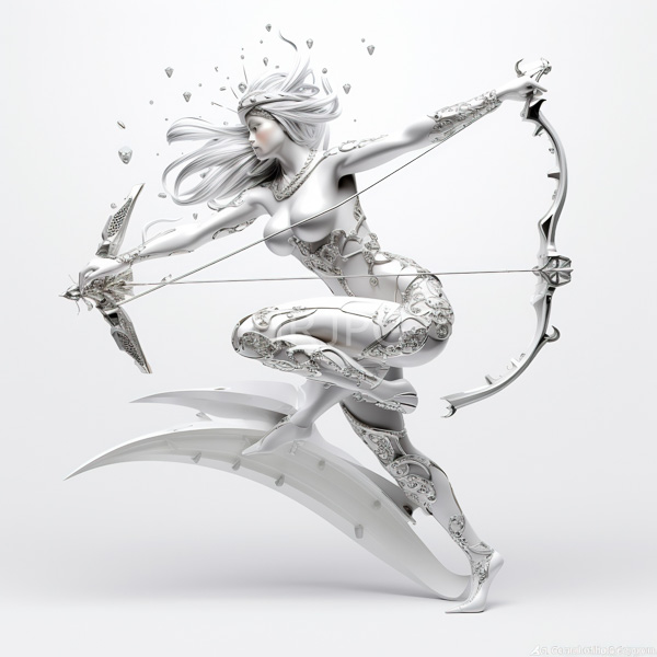 High Resolution: Ethereal silver-skinned female archer with flowing hair and ornate armor-like attire holding a bow within a circular metallic frame standing gracefully on one foot download. | HRJPG.com