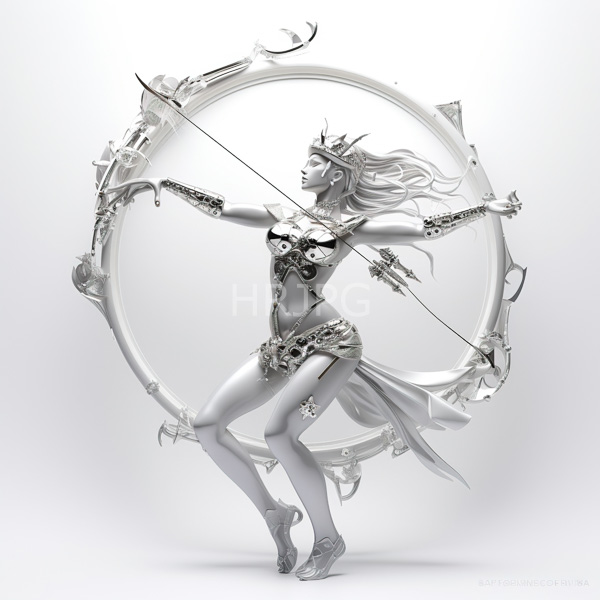 High Resolution: Ethereal silver-skinned female archer with flowing hair and intricate armor-like clothing standing on one leg in mid-aim pose within ornate water droplet-shaped bow frames download. | HRJPG.com