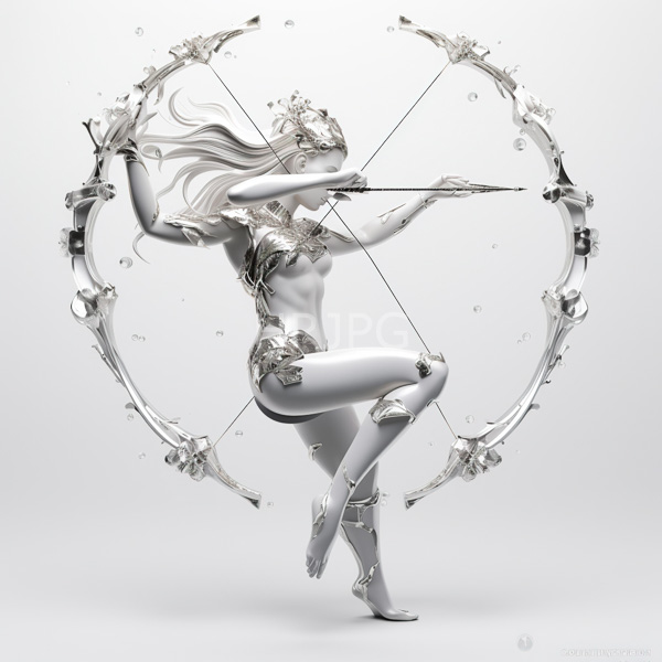 High Resolution: Ethereal silver-skinned female archer with feathered headdress and ornate armor-like clothing mid-jump within a circular target frame adorned by intricate floral designs download. | HRJPG.com