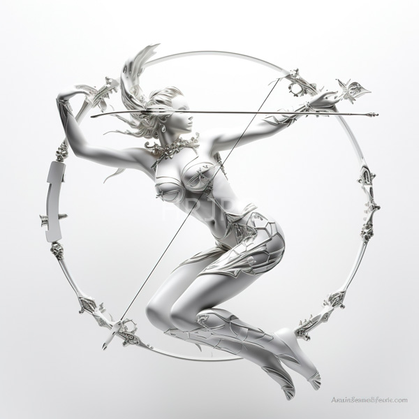 High Resolution: Ethereal silver-toned female archer in mid-jump within a circular frame of intricate metallic patterns and arrows extending outward from her hands download. | HRJPG.com