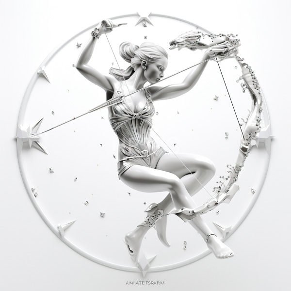 High Resolution: Elegant white-skinned female archer with flowing hair and intricate armor-like bodysuit in monochromatic grayscale tones stands poised on one leg within circular floral patterns download. | HRJPG.com