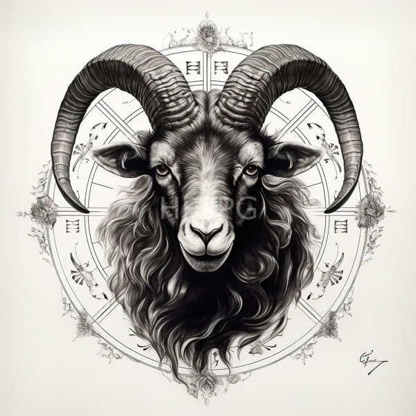 High Resolution: Highly detailed black-and-white drawing of an anthropomorphic goat with large curved horns and wavy fur framed by intricate geometric patterns resembling zodiac circles download. | HRJPG.com