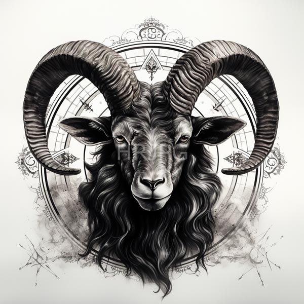 High Resolution: Detailed black-and-white drawing of an anthropomorphic goat with large curved horns and wavy fur framed by intricate geometric patterns including circles and mystical symbols download. | HRJPG.com