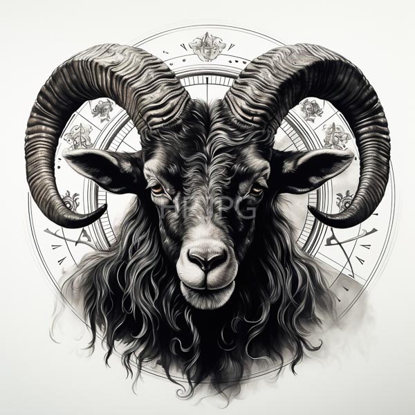 High Resolution: Detailed black and white drawing of an anthropomorphic goat with large curved horns centered in front of a mystical star-filled circular design with geometric shapes download. | HRJPG.com