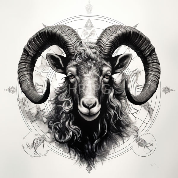 High Resolution: Detailed black-and-white drawing of an anthropomorphic goat with large curved horns and flowing wavy fur framed by intricate clockwork elements with Roman numerals download. | HRJPG.com