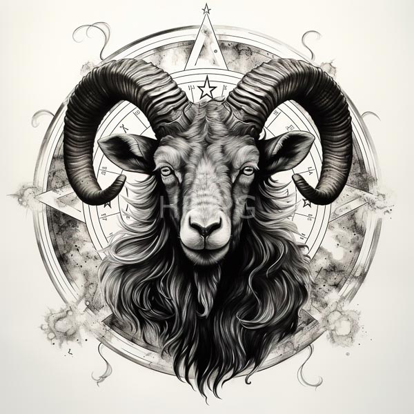 High Resolution: Detailed black and white drawing of an imposing goat with large curved horns centered in front of circular text reading SATANIC with wispy smoke-like patterns download. | HRJPG.com