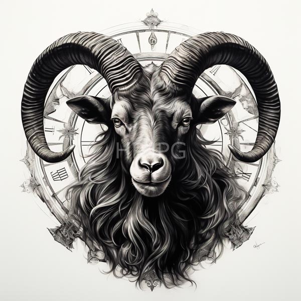 High Resolution: Intricate black-and-white drawing of a goat's head with large curved horns set against a detailed clock face adorned by small figures and arrows at each hour mark download. | HRJPG.com