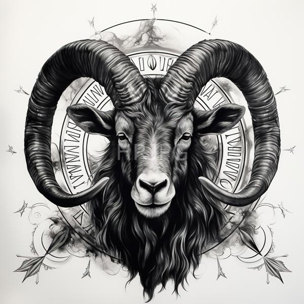 High Resolution: Intricately detailed black and white ram's head featuring large curved horns with textured ridges extending from its forehead to chin area download. | HRJPG.com