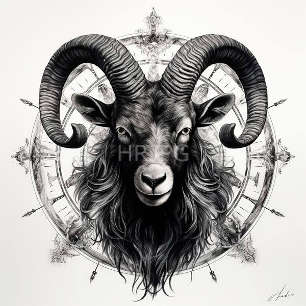 High Resolution: Intricately detailed black and white ram's head featuring large curved horns with textured ridges framed by flowing wavy fur resembling waves or smoke download. | HRJPG.com