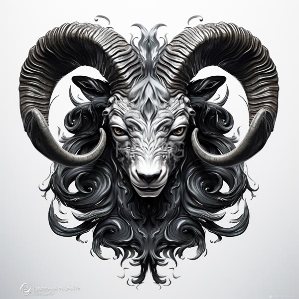 High Resolution: Intricately detailed silver-toned goat's head with large curved horns and elaborate facial patterns resembling tribal tattoos with a flowing silver-gray mane download. | HRJPG.com