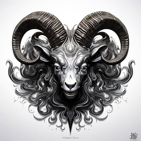 High Resolution: Intricately detailed black and gray goat's head with large curved horns against a white background featuring swirling fur patterns resembling waves or smoke tendrils download. | HRJPG.com
