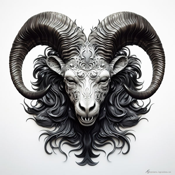 High Resolution: Intricately detailed black and white ram's head featuring large curved horns with textured ridges and a stern-looking face framed by flowing wavy fur download. | HRJPG.com