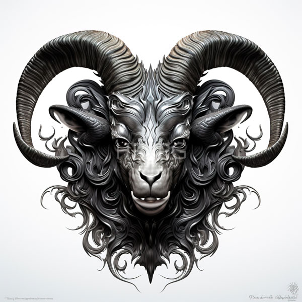 High Resolution: Intricate black-and-white drawing of a goat's head with large curved horns and detailed fur texture around its face resembling flowing hair or mane download. | HRJPG.com