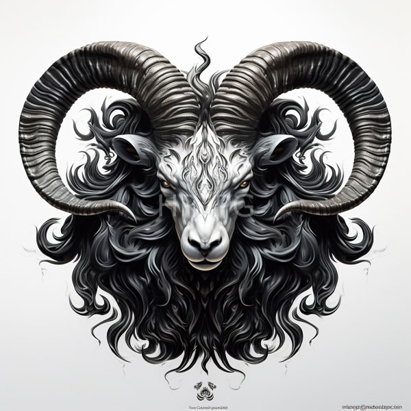 High Resolution: Intricately detailed goat's head with large curved horns against a black background with a white and gray-toned face and flowing silver-gray mane download. | HRJPG.com