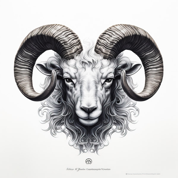 High Resolution: Detailed black and white drawing of an anthropomorphic goat with large curved horns centered within intricate circular patterns surrounded by wispy smoke-like textures download. | HRJPG.com