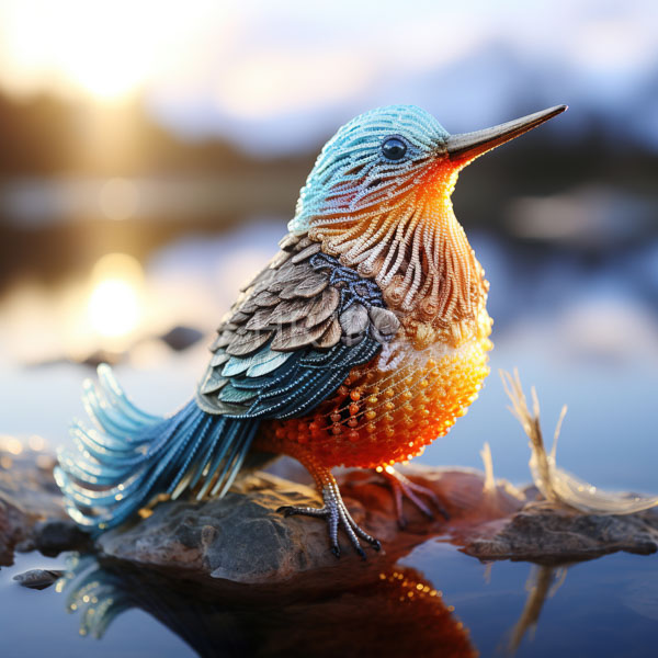 High Resolution: Photorealistic intricately detailed colorful bird with orange and pink feathers standing on rocky terrain among blooming flowers holding one flower in its beak download. | HRJPG.com