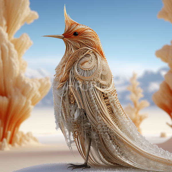 High Resolution: Intricately detailed colorful glass bird sculpture with a red head and wings transitioning to blue-green-yellow standing perched on rocky terrain against a blurred mountainous background download. | HRJPG.com