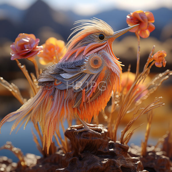 High Resolution: Ethereal bird with flowing translucent feathers in shades of white and orange standing on rocky terrain against a blurred desert landscape under a soft blue sky download. | HRJPG.com