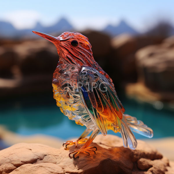 High Resolution: Photorealistic intricately detailed glass-like bird with transparent blue and orange feathers standing on dried seaweed against a blurred rocky background download. | HRJPG.com