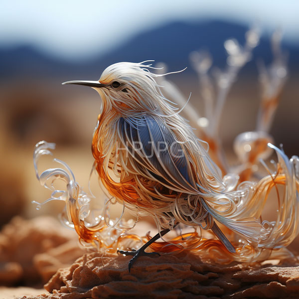 High Resolution: Intricately designed colorful glass bird with a pink head and neck blue wings orange chest standing on rocks by water reflecting its vibrant hues download. | HRJPG.com