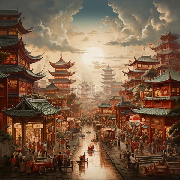High Resolution: Illuminated bustling Chinese canal at sunset with traditional architecture and modern skyscrapers in the background with wooden boats carrying passengers download. | HRJPG.com