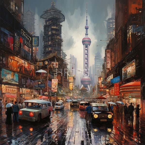 High Resolution: Urban street at dusk with rain reflecting on wet pavement and Taipei's iconic Taiwan Tower centered in the background amidst buildings adorned with neon signs download. | HRJPG.com