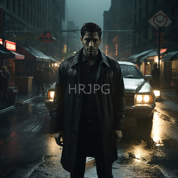 High Resolution: Rugged dark-haired man with a bruised face and intense expression stands in an illuminated neon-lit urban street at night wearing a wet black leather jacket download. | HRJPG.com