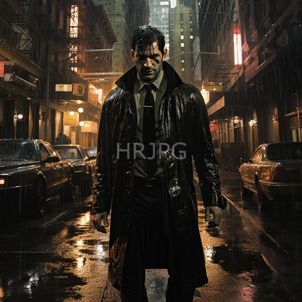 High Resolution: Dark-haired rugged man with wet hair and a black beard wearing an open leather trench coat over a soaked shirt stands in a rain-soaked urban street at night download. | HRJPG.com