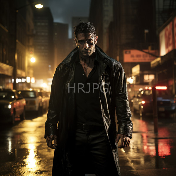 High Resolution: Rugged dark-haired man with wet beard wears an open leather trench coat over a soaked shirt standing on a rain-soaked urban street download. | HRJPG.com