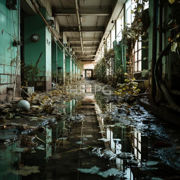 High Resolution: Abandoned dilapidated hallway with green-painted walls and large windows has a flooded floor reflecting overhead lights and scattered debris download. | HRJPG.com