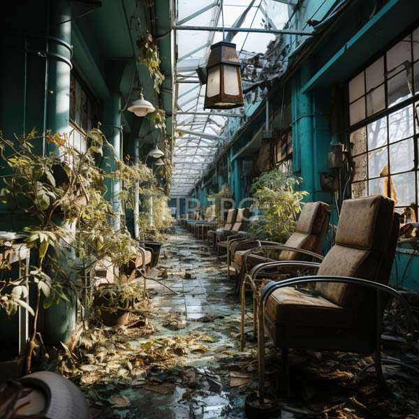 High Resolution: Abandoned sunlit greenhouse with teal-painted walls and glass panels scattered with potted plants and four worn armchairs on a wet concrete floor download. | HRJPG.com