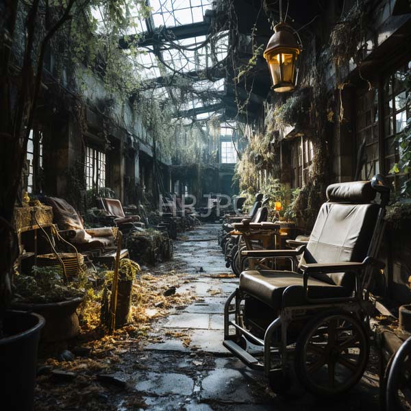 High Resolution: Abandoned overgrown greenhouse with broken glass panels and moss-covered walls dim light illuminates rows of vintage metal chairs amidst scattered leaves download. | HRJPG.com