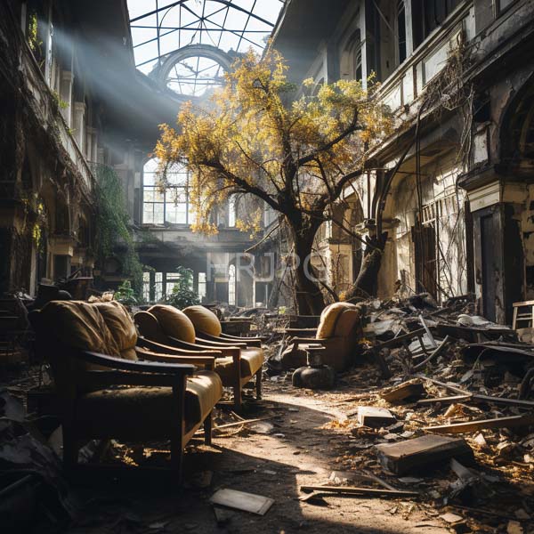 High Resolution: Abandoned sunlit Victorian-era building with tall windows and arched glass ceiling two yellow leather armchairs sit amidst rubble on dusty floorboards download. | HRJPG.com