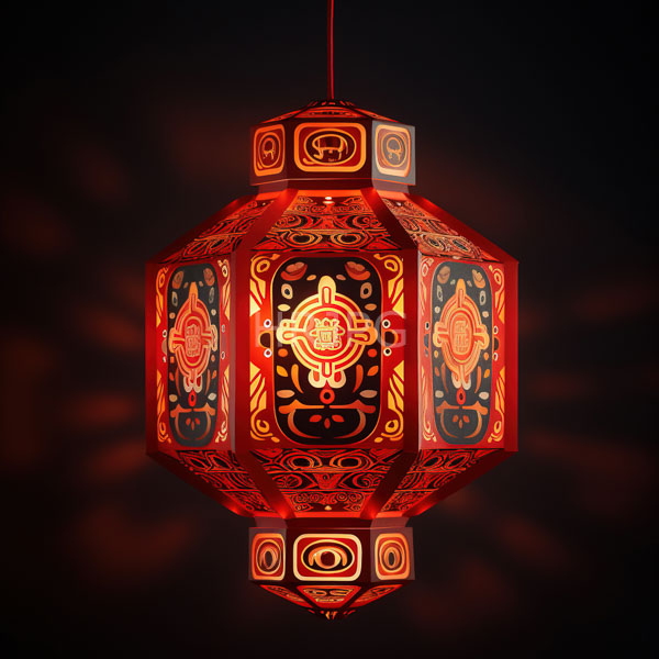 High Resolution: Ornate red lantern with intricate gold and black patterns hangs against a dark background its hexagonal shape glows with soft light download. | HRJPG.com