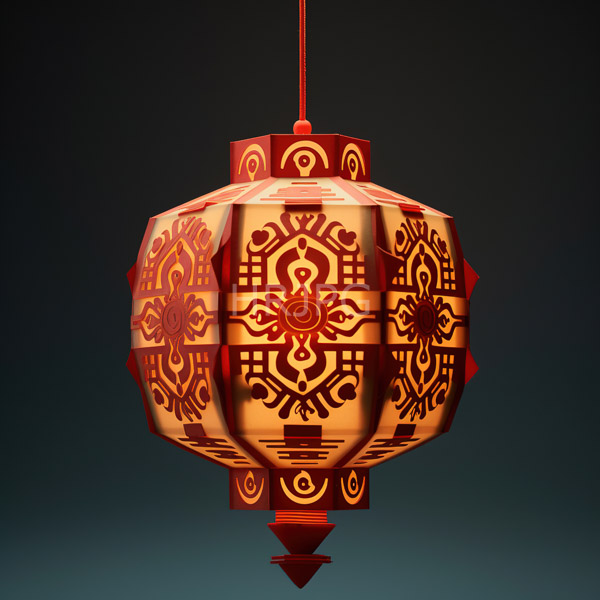 High Resolution: Ornate spherical pendant lamp with intricate red and gold tribal patterns on its surface hangs by a thin vertical cord against a dark gradient background download. | HRJPG.com