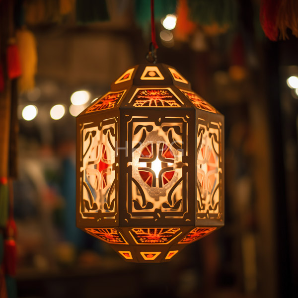 High Resolution: Ornate hexagonal lantern with intricate cut-out patterns and warm orange-red glowing designs hangs in a softly lit market stall with blurred bokeh lights download. | HRJPG.com