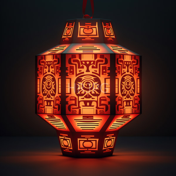 High Resolution: Intricately patterned hexagonal lantern with geometric designs in red and black glows with orange interior light against a dark background download. | HRJPG.com