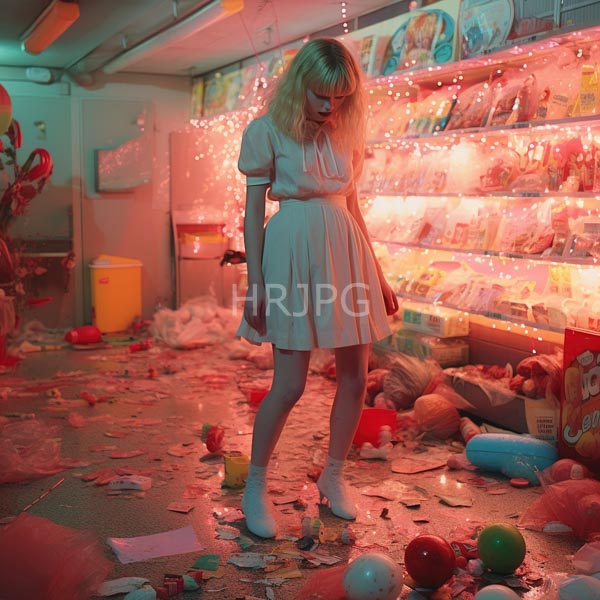 High Resolution: Ethereal blonde woman in a pale pink dress stands amidst scattered balloons confetti and plush toys on a colorful shop floor illuminated by warm fairy lights download. | HRJPG.com