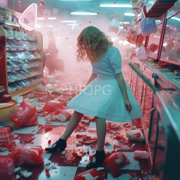 High Resolution: Ethereal scene in a brightly lit colorful candy store with pink and red hues a curly-haired woman stands amidst scattered candies on a checkered floor under neon lights download. | HRJPG.com