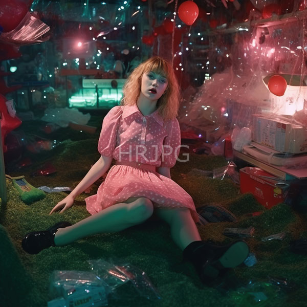 High Resolution: Fair-skinned blonde woman with red lipstick sits on green grass amidst scattered balloons plastic wrap and Christmas lights creating an ethereal atmosphere download. | HRJPG.com