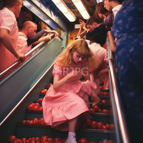High Resolution: Escalator filled with people including one blonde girl in a pink polka-dot dress climbing steps scattered with red apples inside a subway station download. | HRJPG.com
