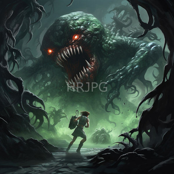High Resolution: Eerie green-lit forest with twisted black trees framing a large monstrous creature looming in the background with scaly skin and glowing red eyes download. | HRJPG.com