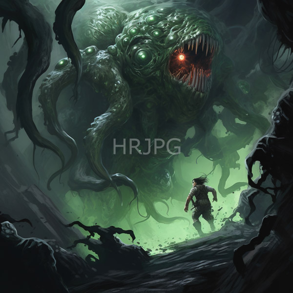 High Resolution: Eerie green-lit cave where a muscular humanoid figure in dark armor faces a massive tentacled monster with glowing red eyes and sharp teeth download. | HRJPG.com