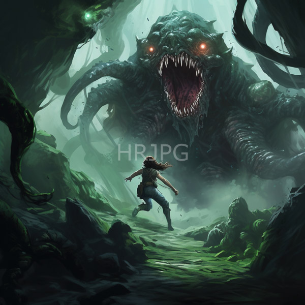 High Resolution: Eerie misty forest with dark green hues a terrified woman runs towards a massive monstrous creature with glowing red eyes and wide open maw download. | HRJPG.com