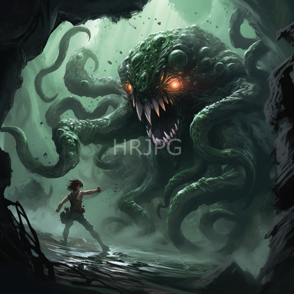 High Resolution: Eerie green-skinned tentacled monster with glowing orange eyes looms over a small muscular human male standing defiantly on wet ground within dark cavern ruins download. | HRJPG.com