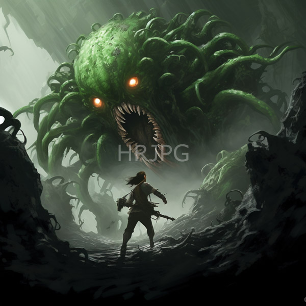 High Resolution: Eerie green tentacled monster with glowing orange eyes looms over a lone female warrior in dark armor standing at its base on rocky terrain download. | HRJPG.com