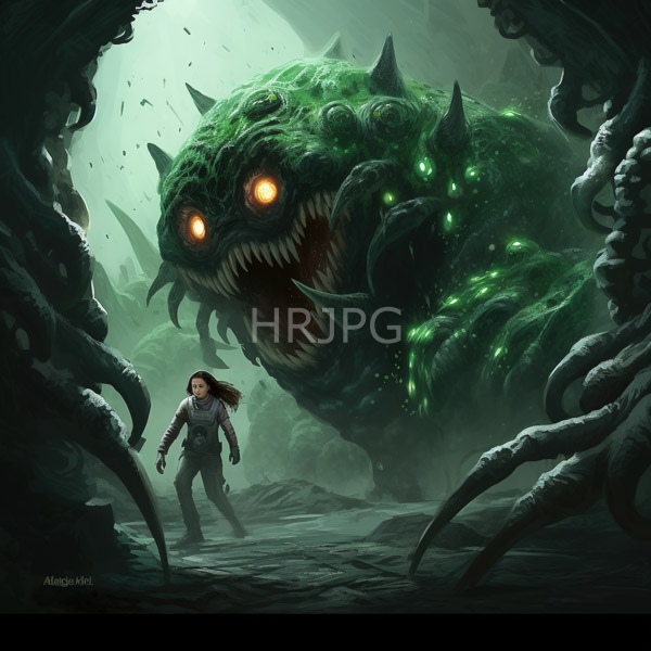 High Resolution: Eerie green-lit cavernous scene with twisted rock formations a terrified young woman in futuristic gray armor stands facing a towering shadowy creature download. | HRJPG.com